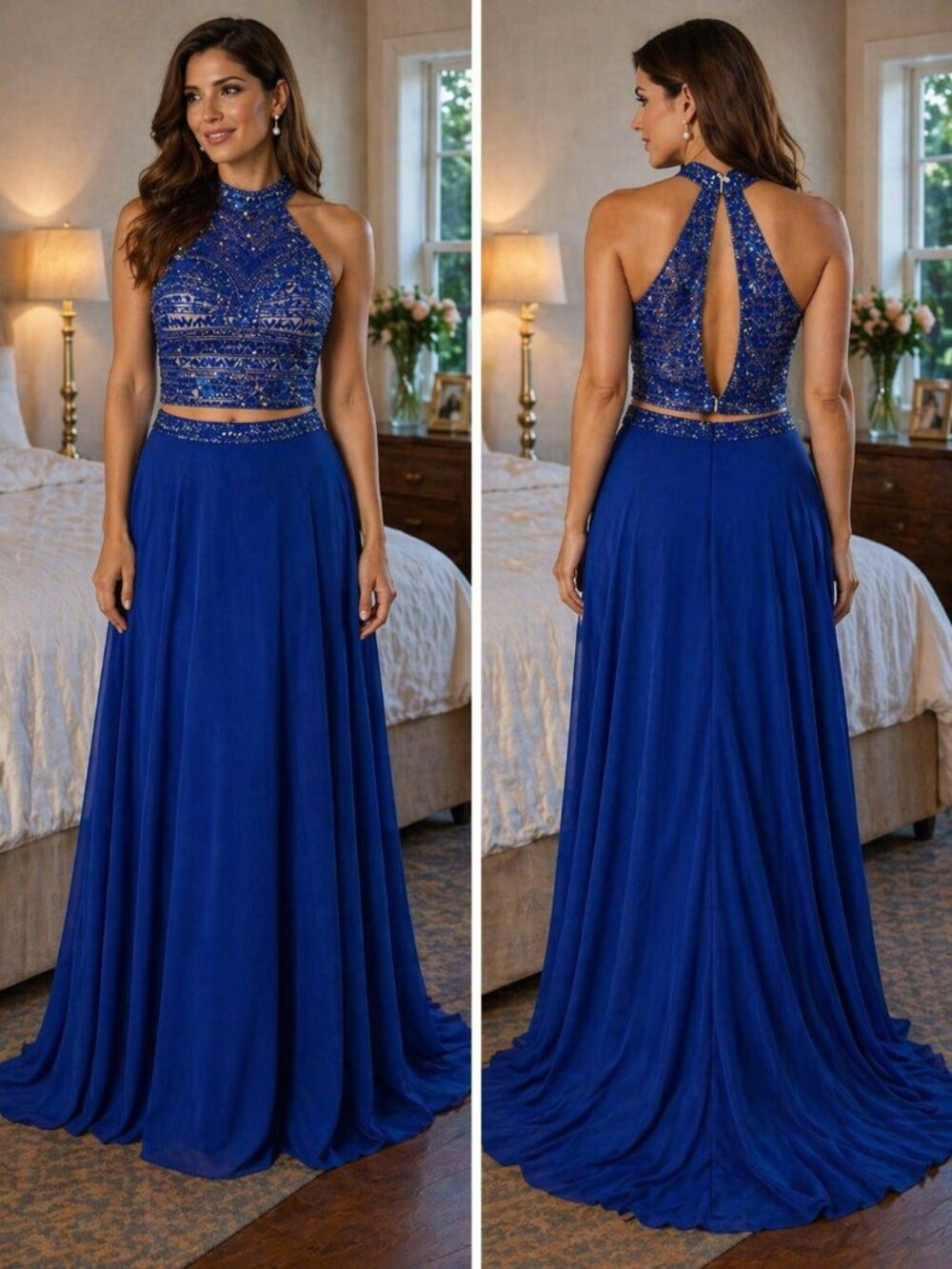 2 Cute Blue Beaded Two Piece Formal Gown $448